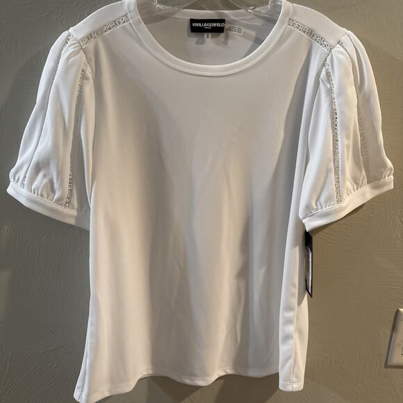 Karl Lagerfeld Women's Medium-Size T-Shirt With Name Laced Around Sleeves NWT - Picture 1 of 9